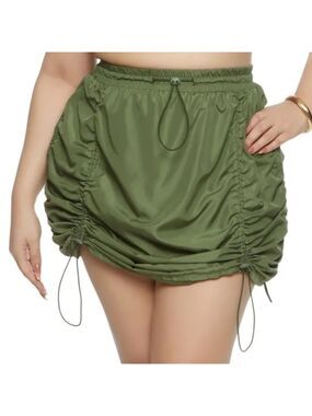 Olive Green Nylon Parachute Mini Skirt XL Drawstring Street Ruched